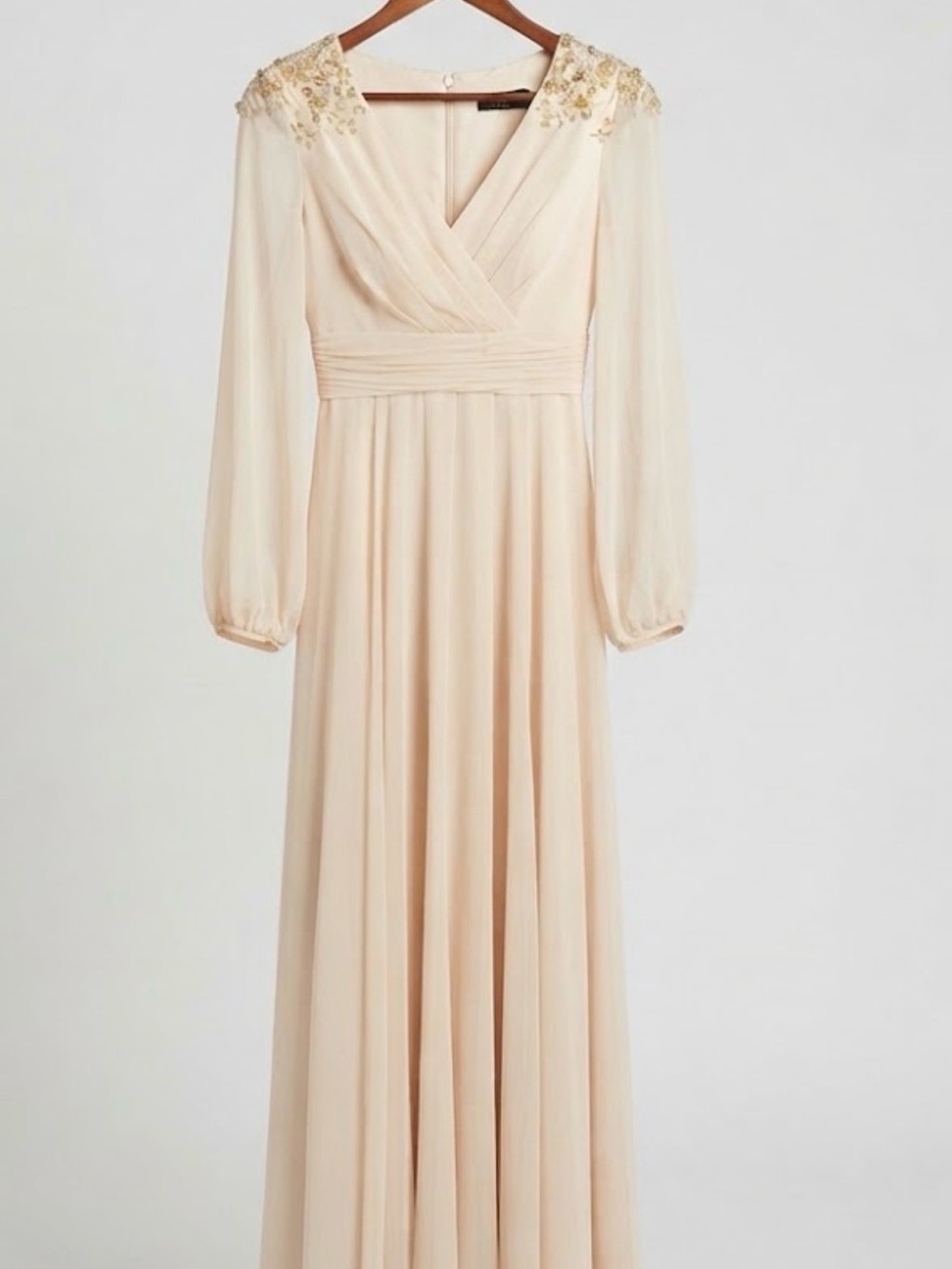 Mac Duggal Pale Cream Beaded-Shoulder Chiffon V-Neck Gown